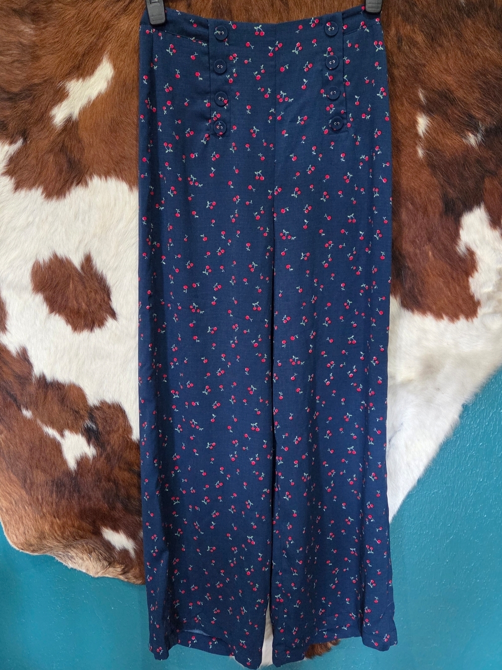 Gianni Bini Navy Cherry Print Wide-Leg Pants